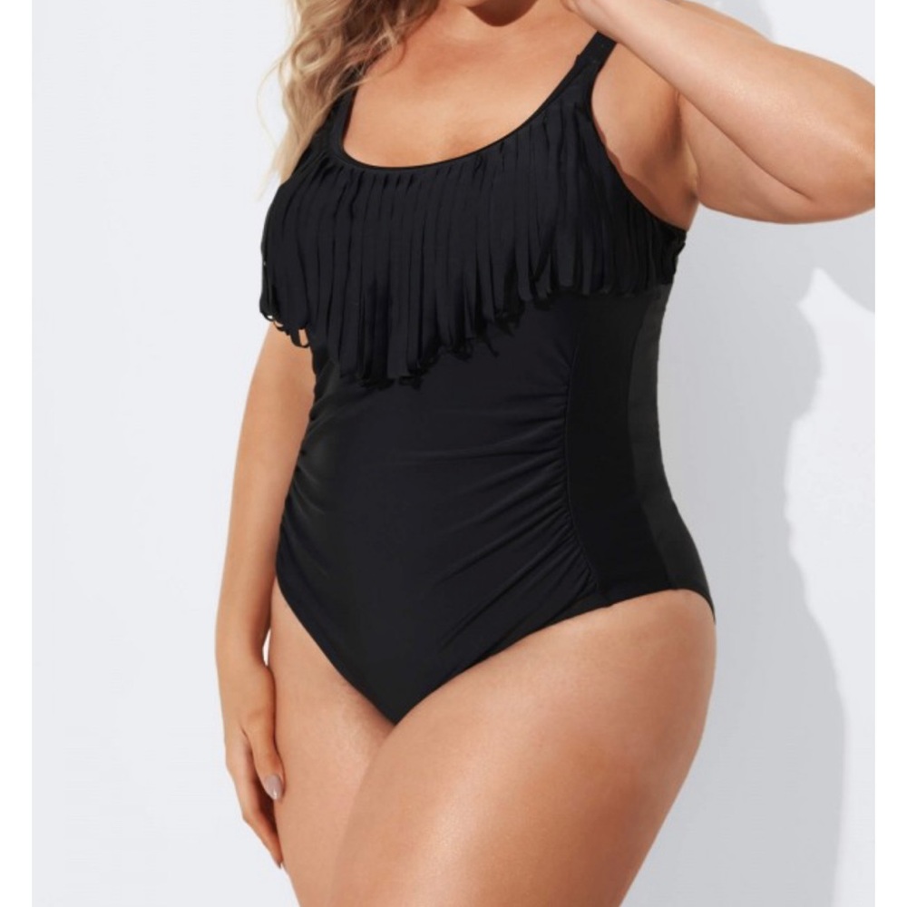 Black V-Neck Fringe Vintage One Piece Swimsuit